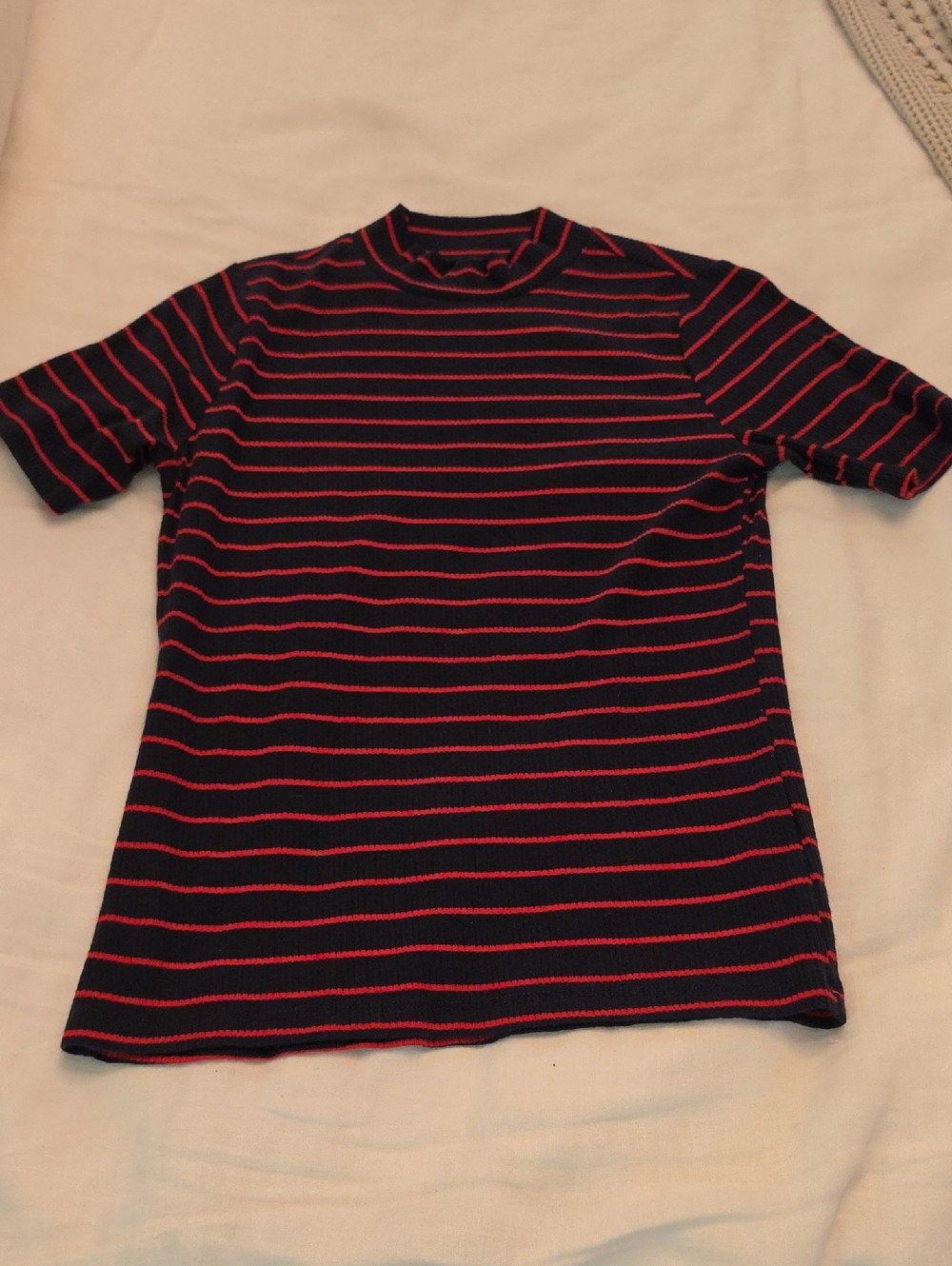 Navy Short Sleeve Mock Neck Tee with Red Stripes